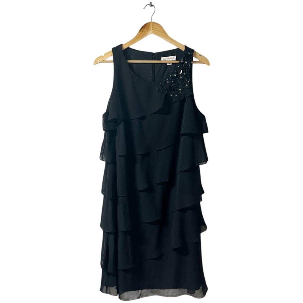 NWT Coldwater Creek Dress Tiered Layered Black Deco Style Women’s Sz L (16)Beads
